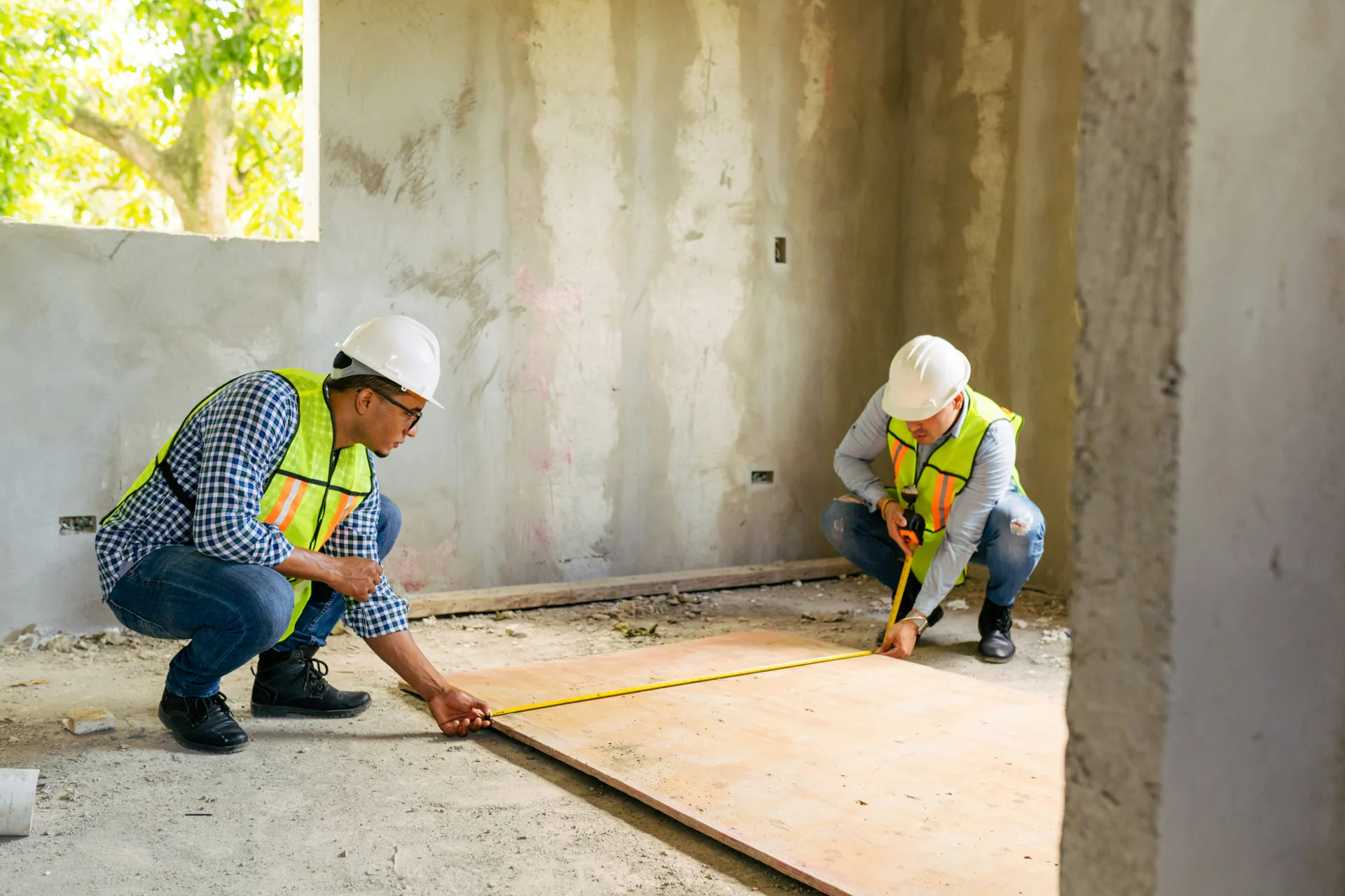 crew measuring a basement subfloor before a concrete pour in Abbotsford