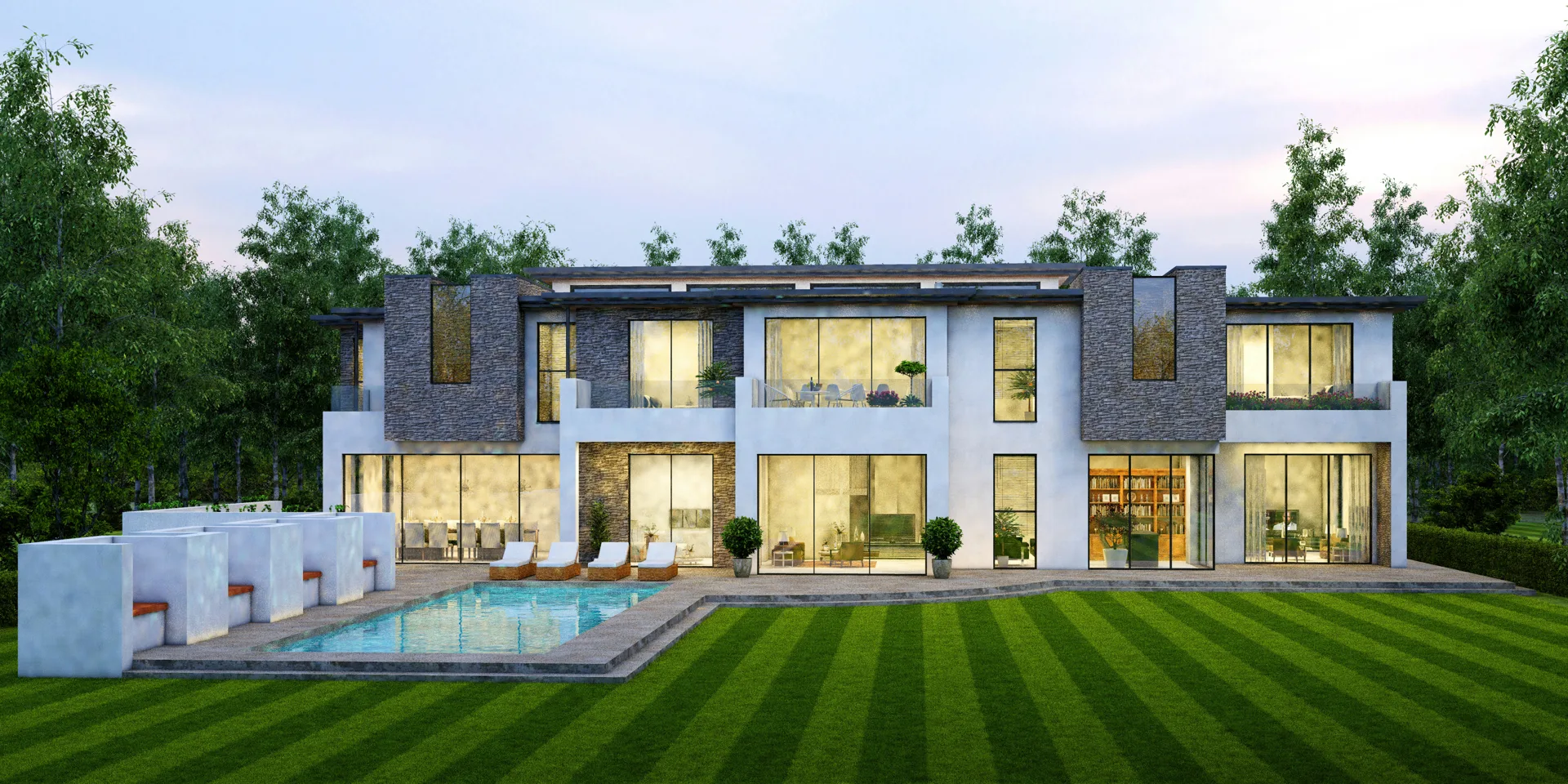 concrete pool deck at dusk at a luxury Abbotsford home